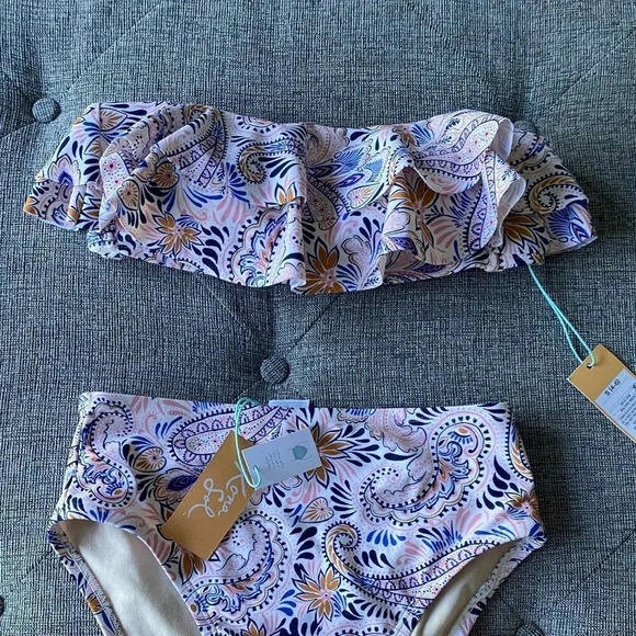 New Double Ruffle Bandeau and High Waist Bottoms Bikini - Kona Sol Small - Picture 3 of 9